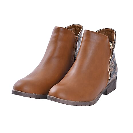 Snake Pattern Ankle Boots with Side Zipper (Size 4) - Camel