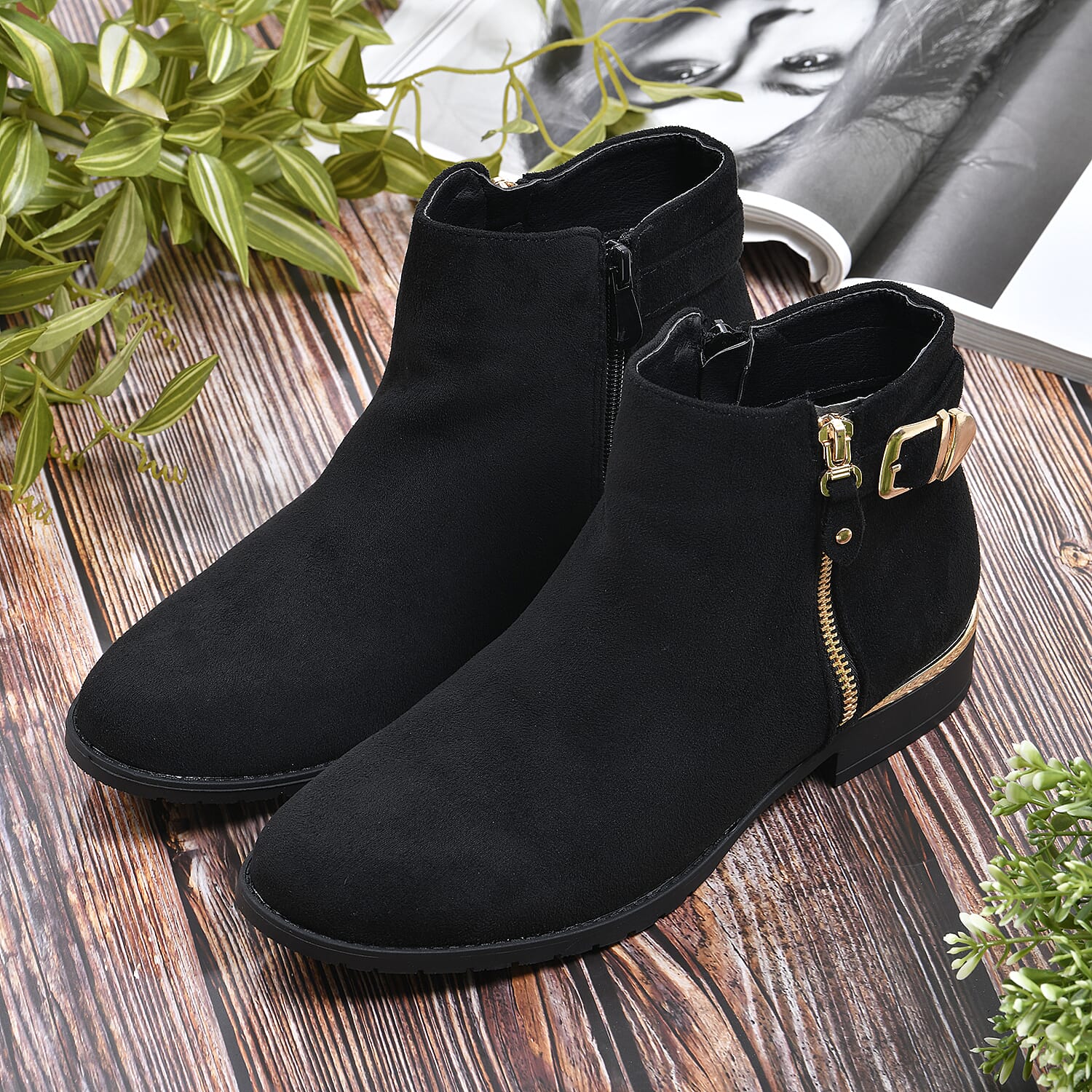 Ankle Boots with Side Zipper (Size 3) - Black