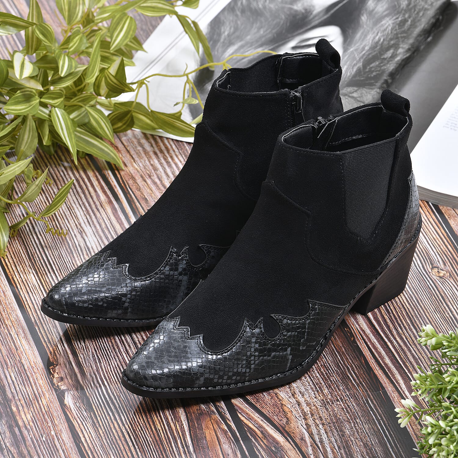 Snake Print Ankle Boots with Side Zipper - Black and Grey