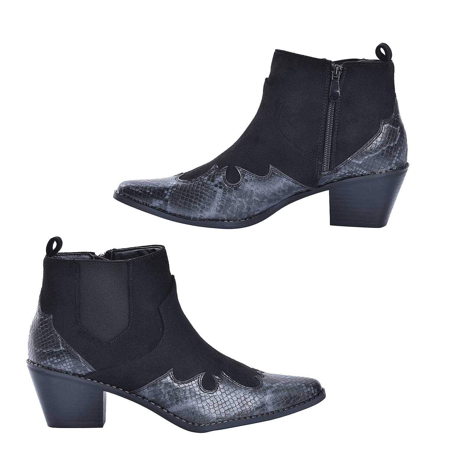 Snake Print Ankle Boots with Side Zipper - Black and Grey