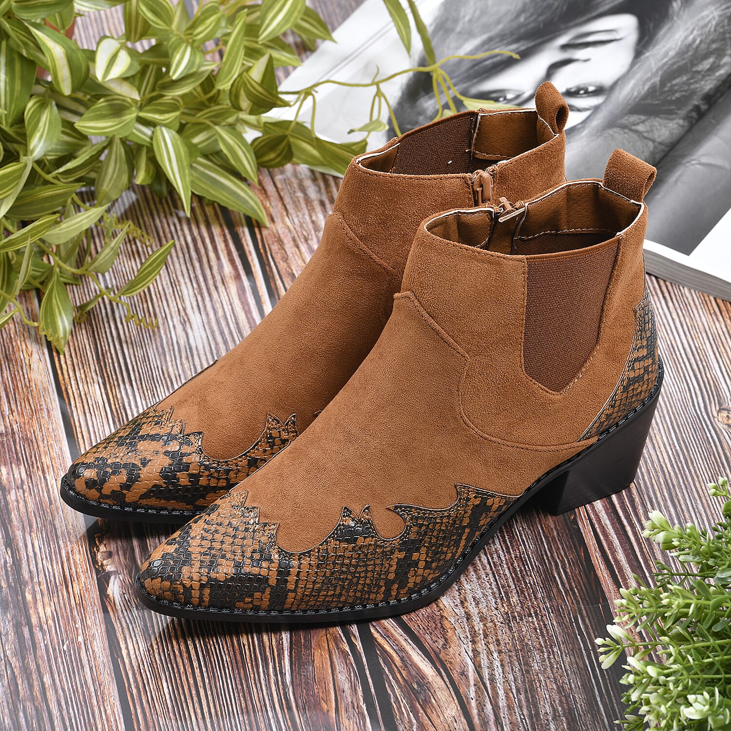 Snake Print Ankle Boots with Side Zipper - Black and Grey