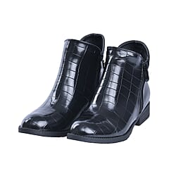 Croc Embossed Pattern Curb Chain Detail Ankle Boots - Black