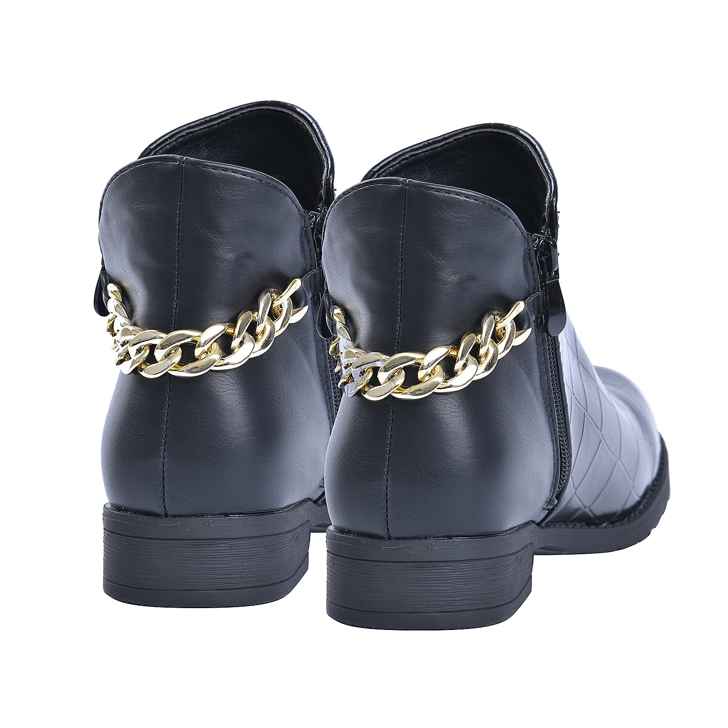 Croc Embossed Pattern Curb Chain Detail Ankle Boots - Black