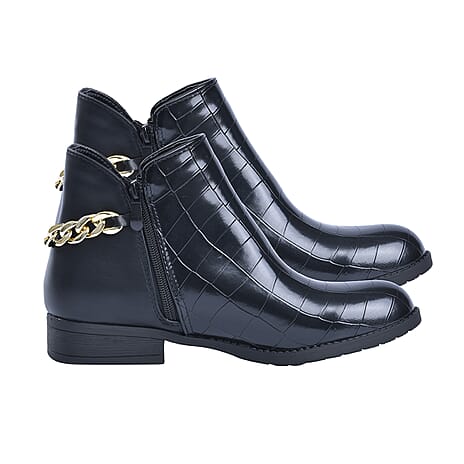Croc Embossed Pattern Curb Chain Detail Ankle Boots (Size 7) - Black