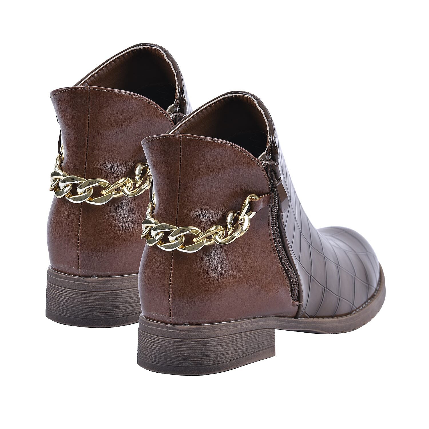 Croc Embossed Pattern Curb Chain Detail Ankle Boots - Black