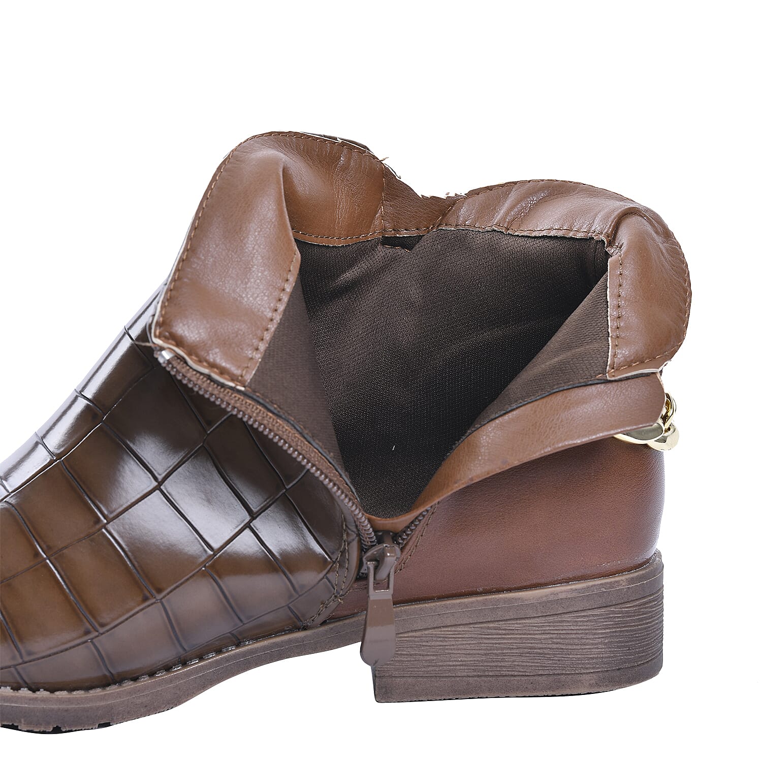 Croc Embossed Pattern Curb Chain Detail Ankle Boots - Black