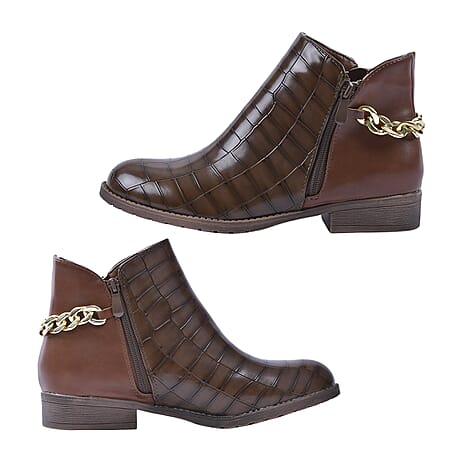 Croc Embossed Pattern Curb Chain Detail Ankle Boots (Size 6) - Brown