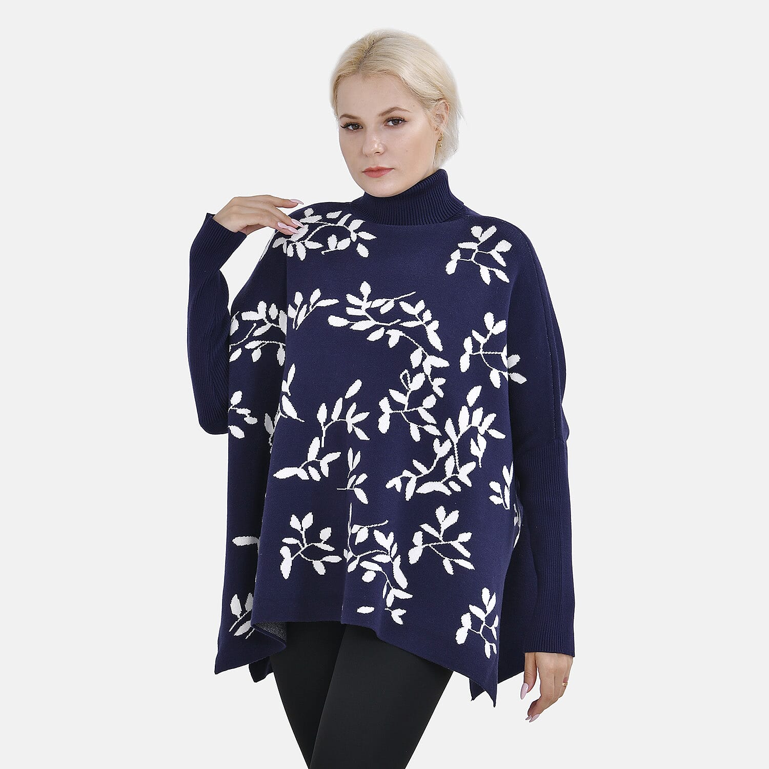 Tamsy Crew Neck Leaf Pattern Stripe Jumper (Size Upto 18) - Blue & White 50% Viscose