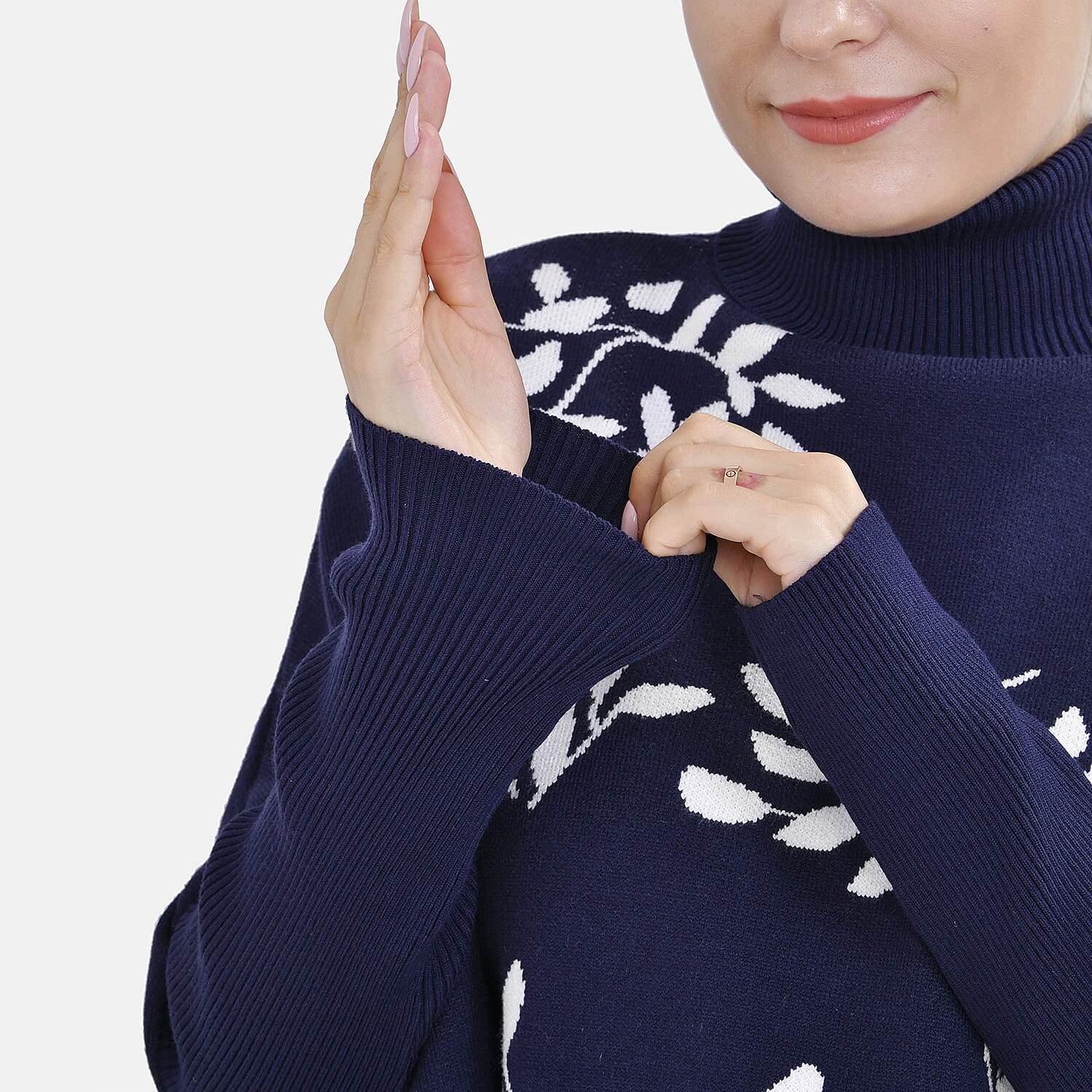 Tamsy Crew Neck Leaf Pattern Stripe Jumper (Size Upto 18) - Blue - White 50% Viscose