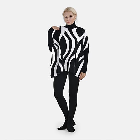 Tamsy Roll Neck Irregular Pattern Stripe Jumper (One Size Upto 18) - Black 50% Viscose