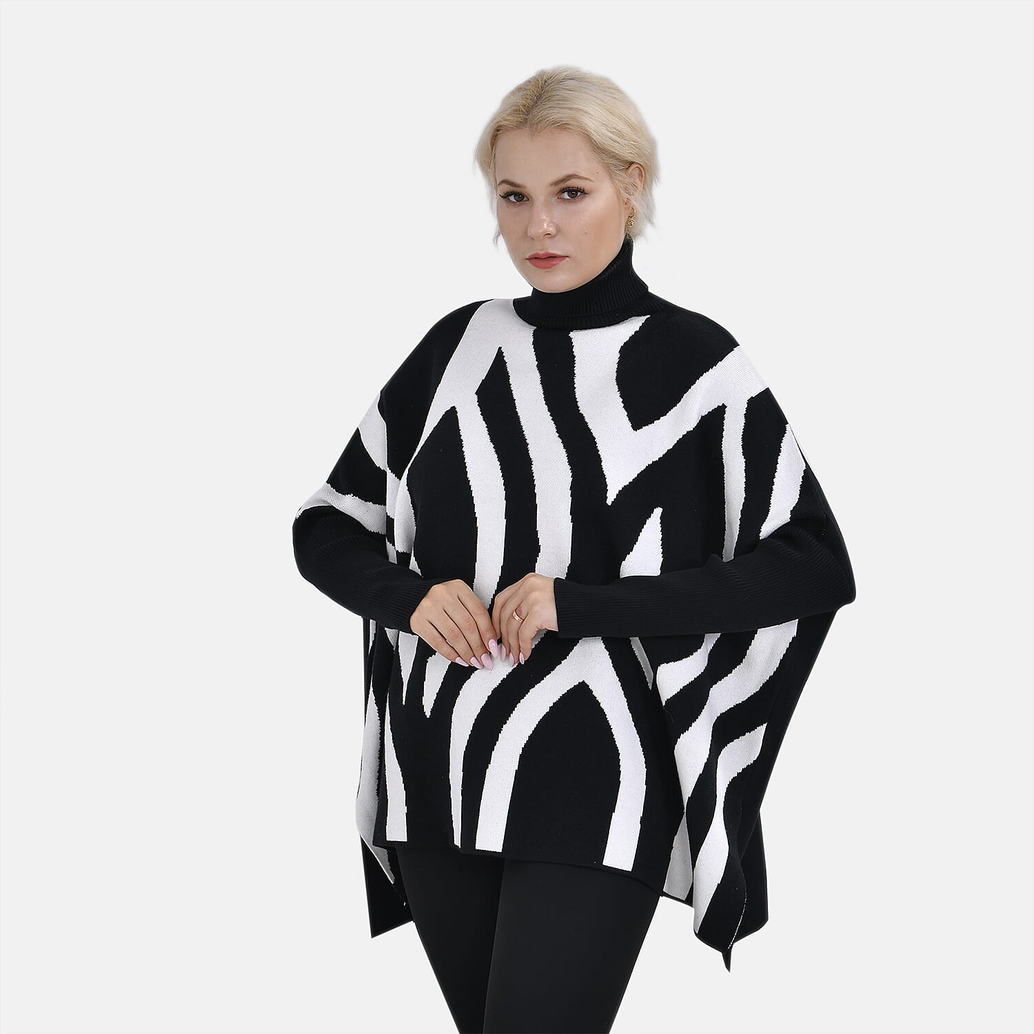 Tamsy Roll Neck Irregular Pattern Stripe Jumper (One Size Upto 18) - Black 50% Viscose