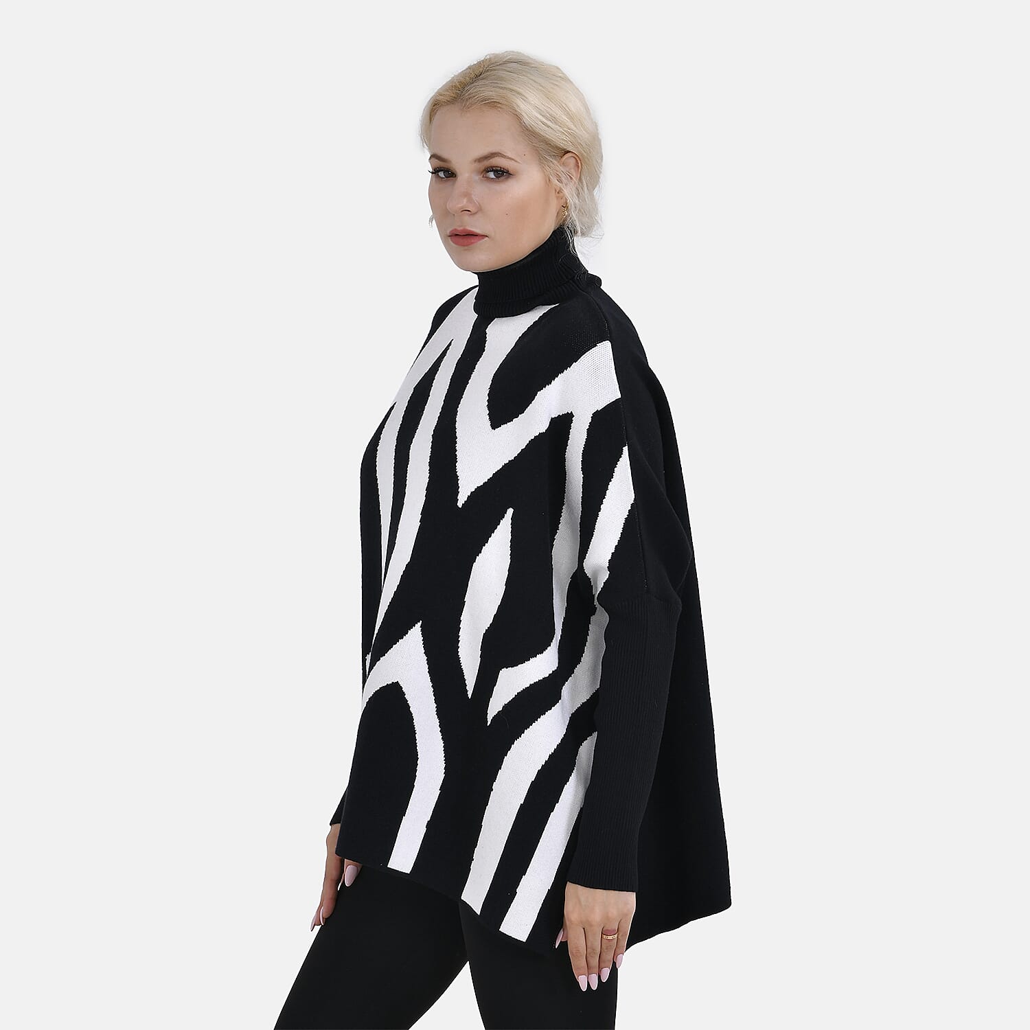 Tamsy Roll Neck Irregular Pattern Stripe Jumper (One Size Upto 18) - Black 50% Viscose