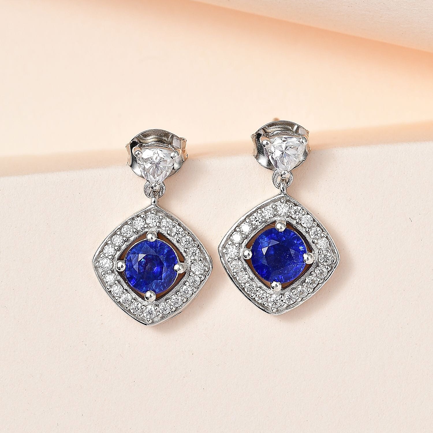 Masoala Sapphire(FF) & Moissanite Earrings in Platinum Overlay Sterling Silver 3.08 Ct.