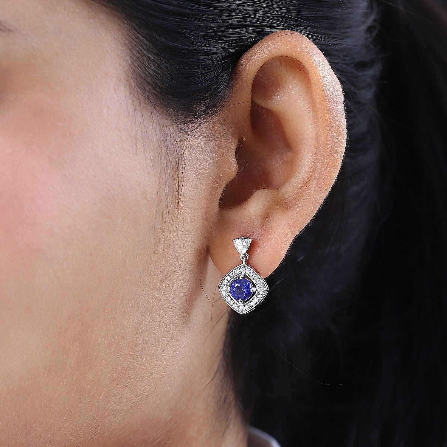 Masoala Sapphire(FF) & Moissanite Earrings in Platinum Overlay Sterling Silver 3.08 Ct.