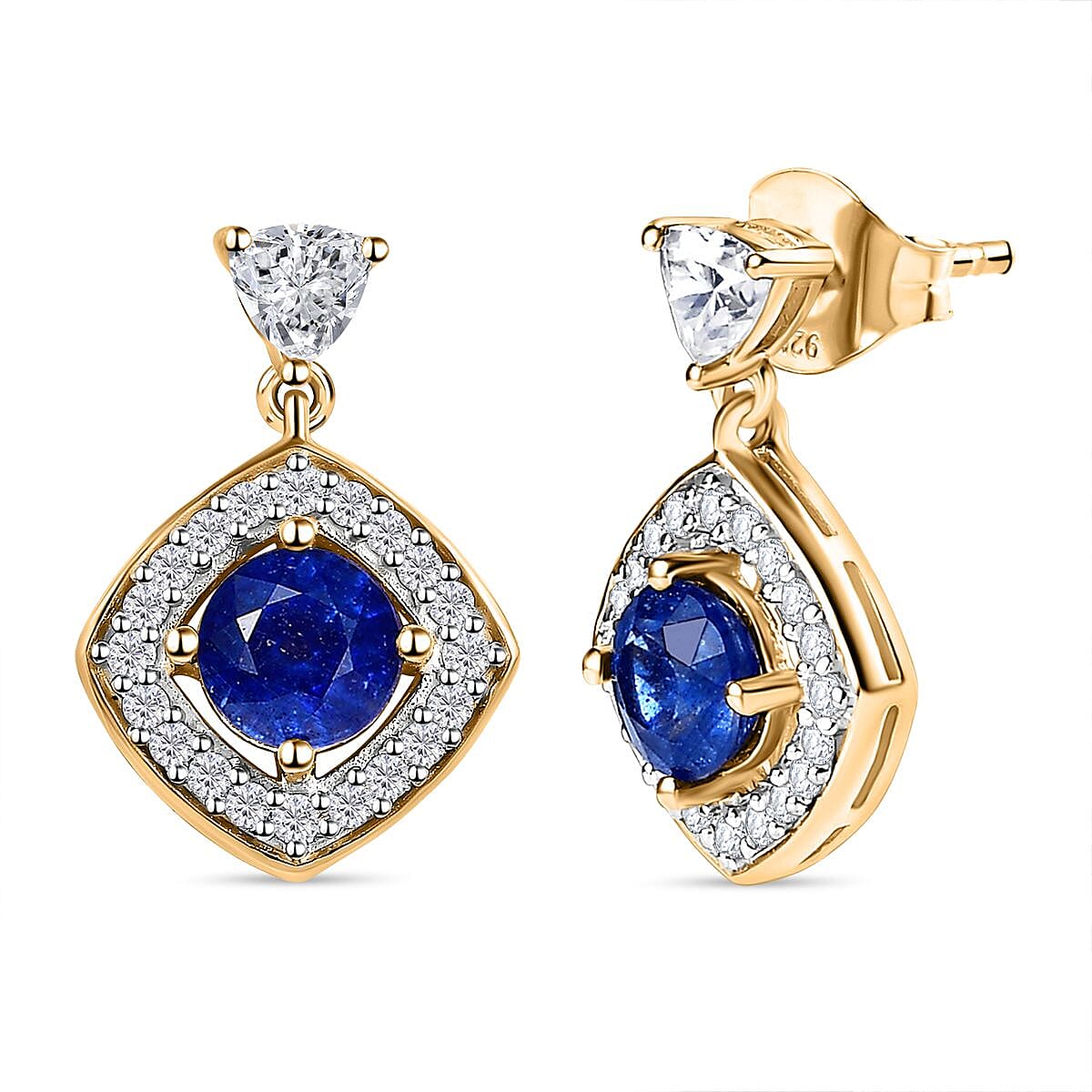Masoala Sapphire(FF) & Moissanite Earrings in 18K Vermeil Yellow Gold Plated Sterling Silver 3.08 Ct.