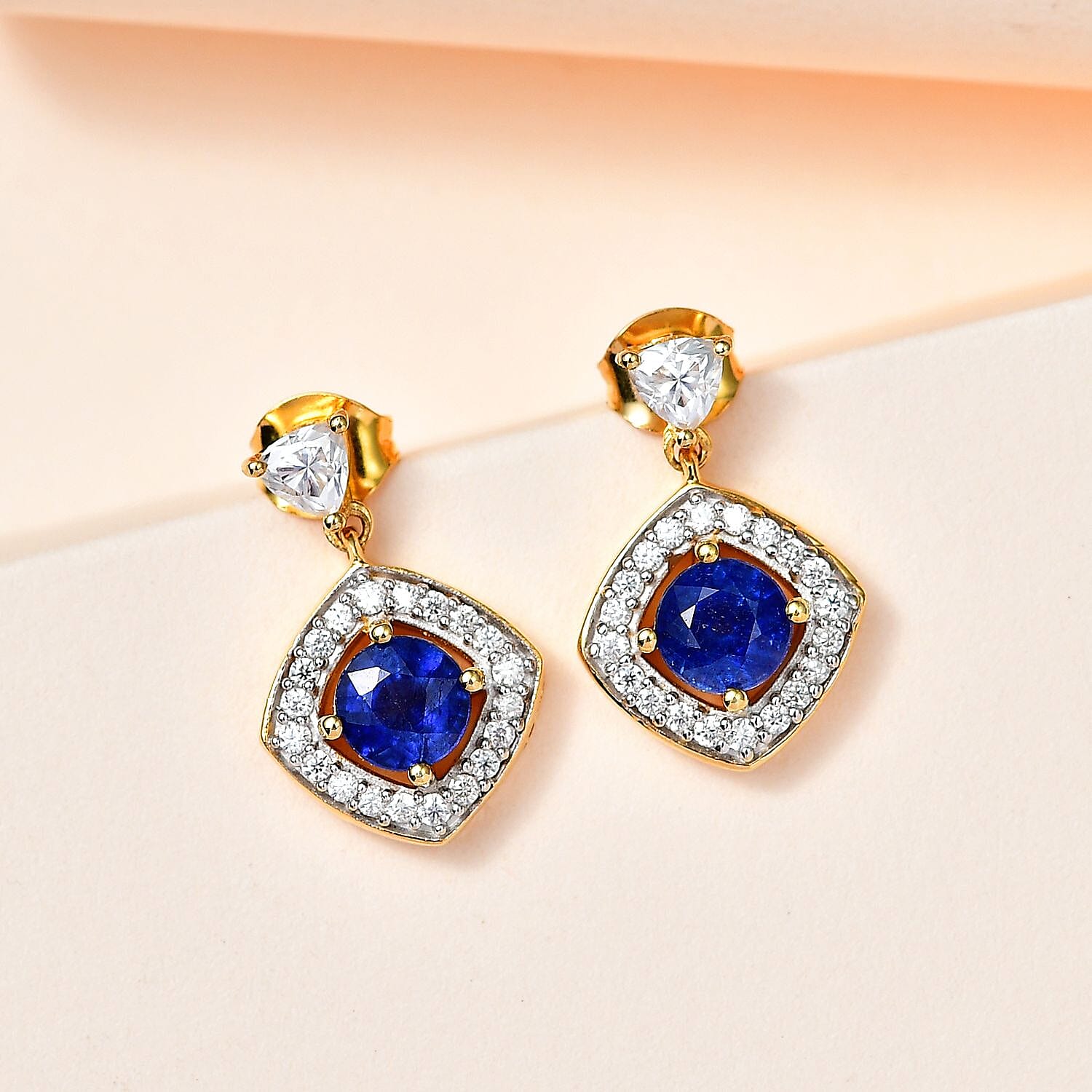 Masoala Sapphire(FF) & Moissanite Earrings in 18K Vermeil Yellow Gold Plated Sterling Silver 3.08 Ct.