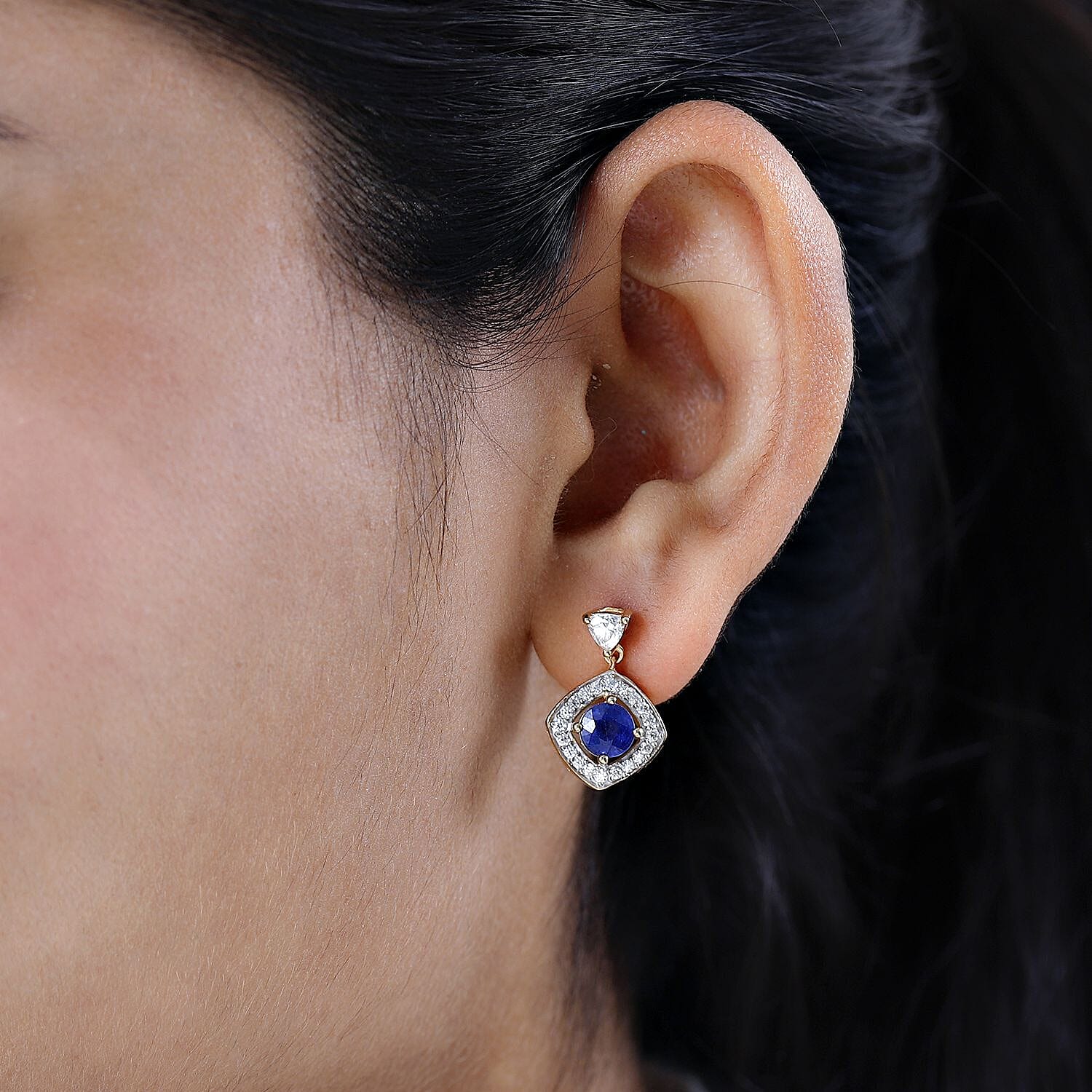 Masoala Sapphire(FF) & Moissanite Earrings in 18K Vermeil Yellow Gold Plated Sterling Silver 3.08 Ct.