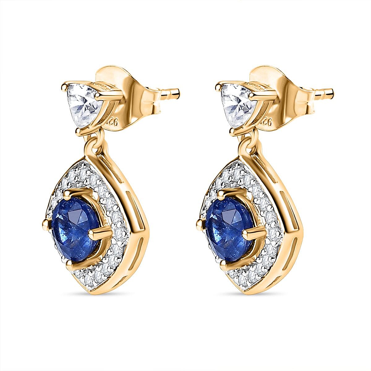 Masoala Sapphire(FF) & Moissanite Earrings in 18K Vermeil Yellow Gold Plated Sterling Silver 3.08 Ct.
