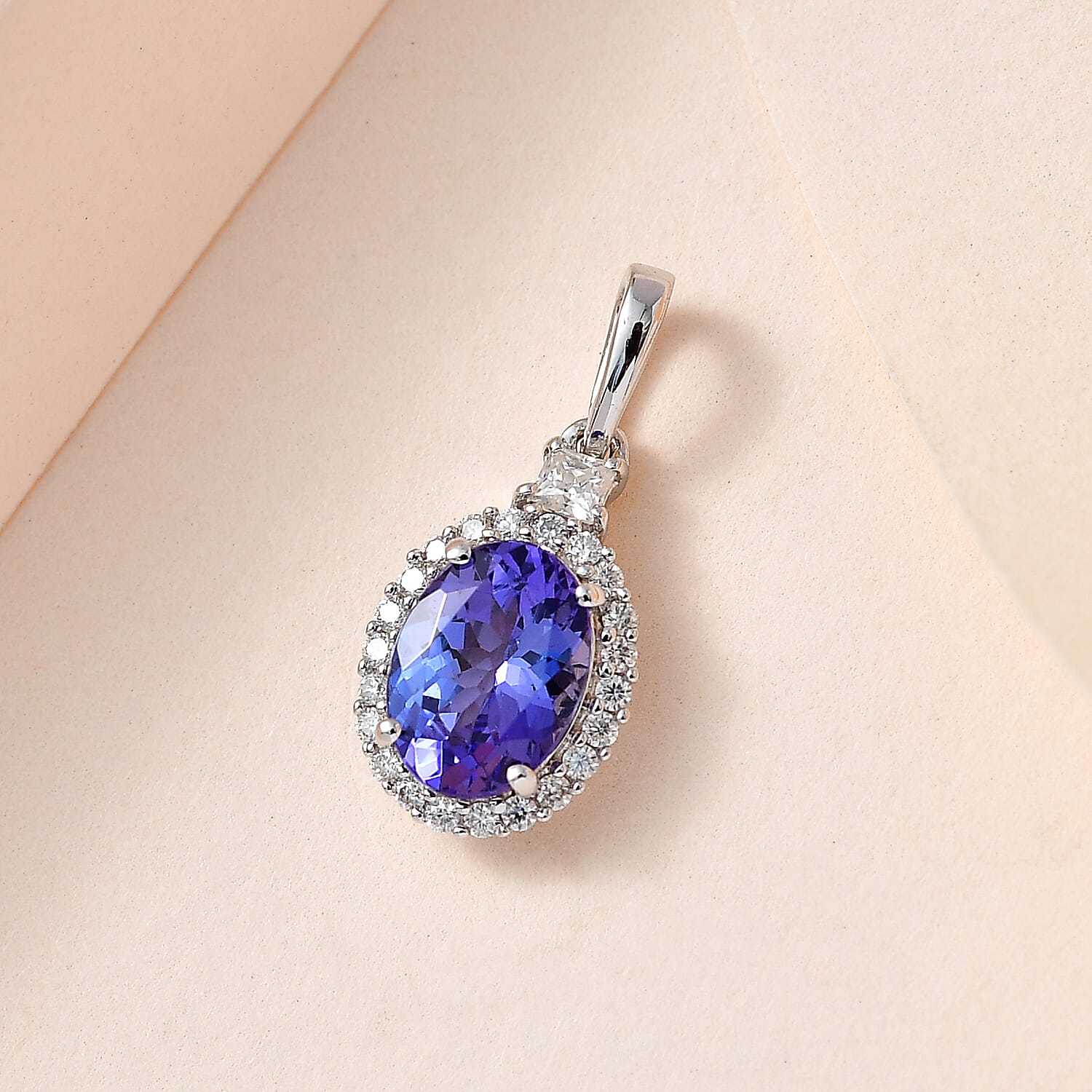 9K White Gold Tanzanite & Moissanite Halo Pendant 1.11 Ct