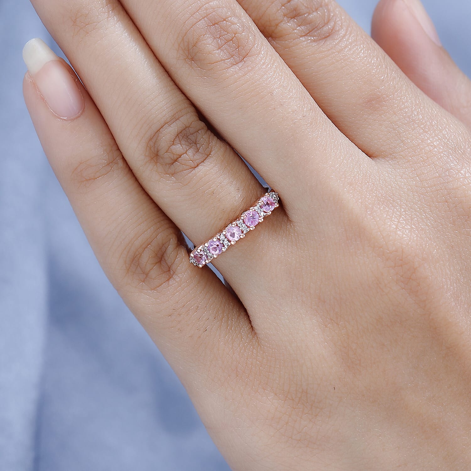 Pink Sapphire & Moissanite Half-Eternity Band Ring in 18K Vermeil RG Plated Sterling Silver