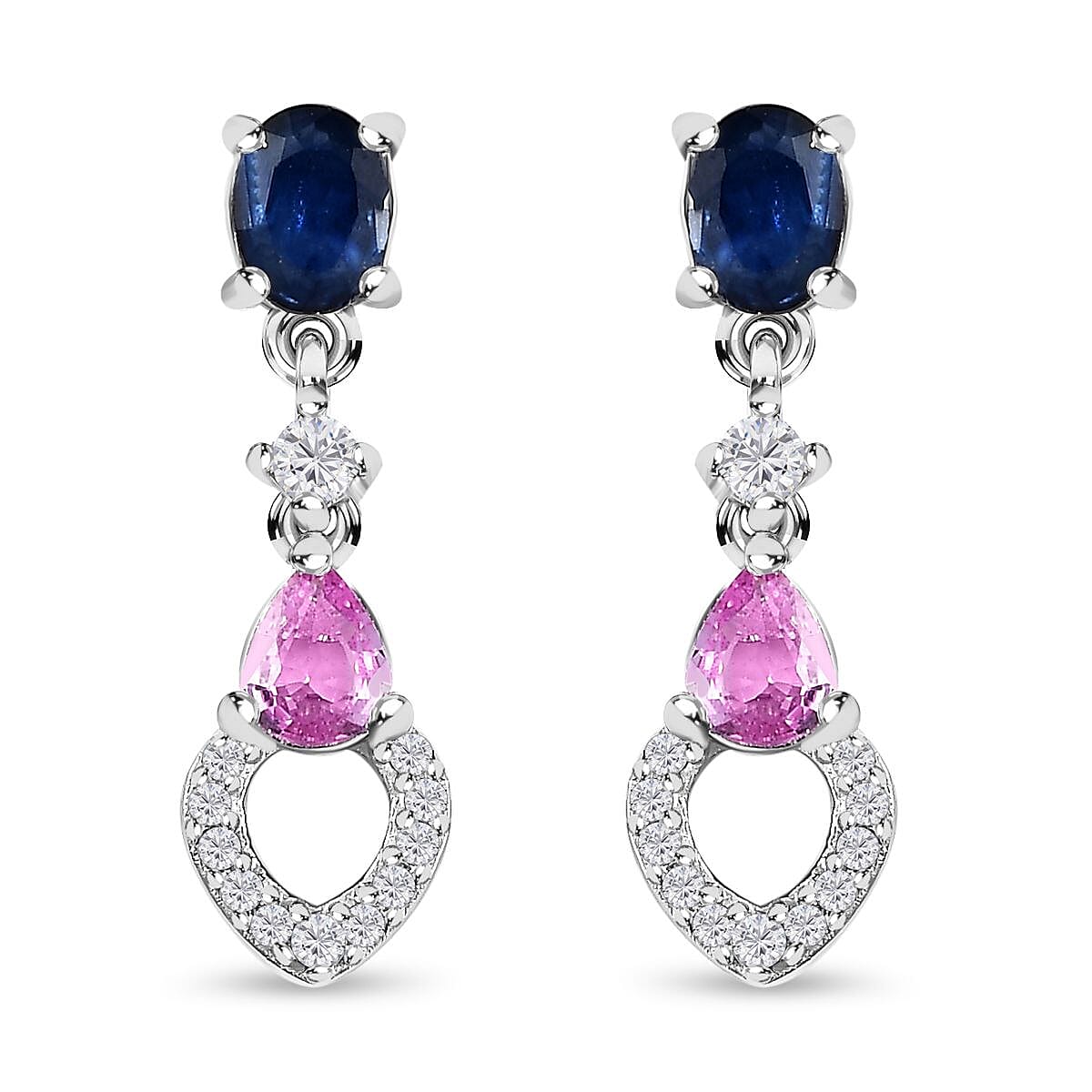 Blue Sapphire, Pink Sapphire & Moissanite Earrings in Platinum Overlay Sterling Silver 1.59 Ct
