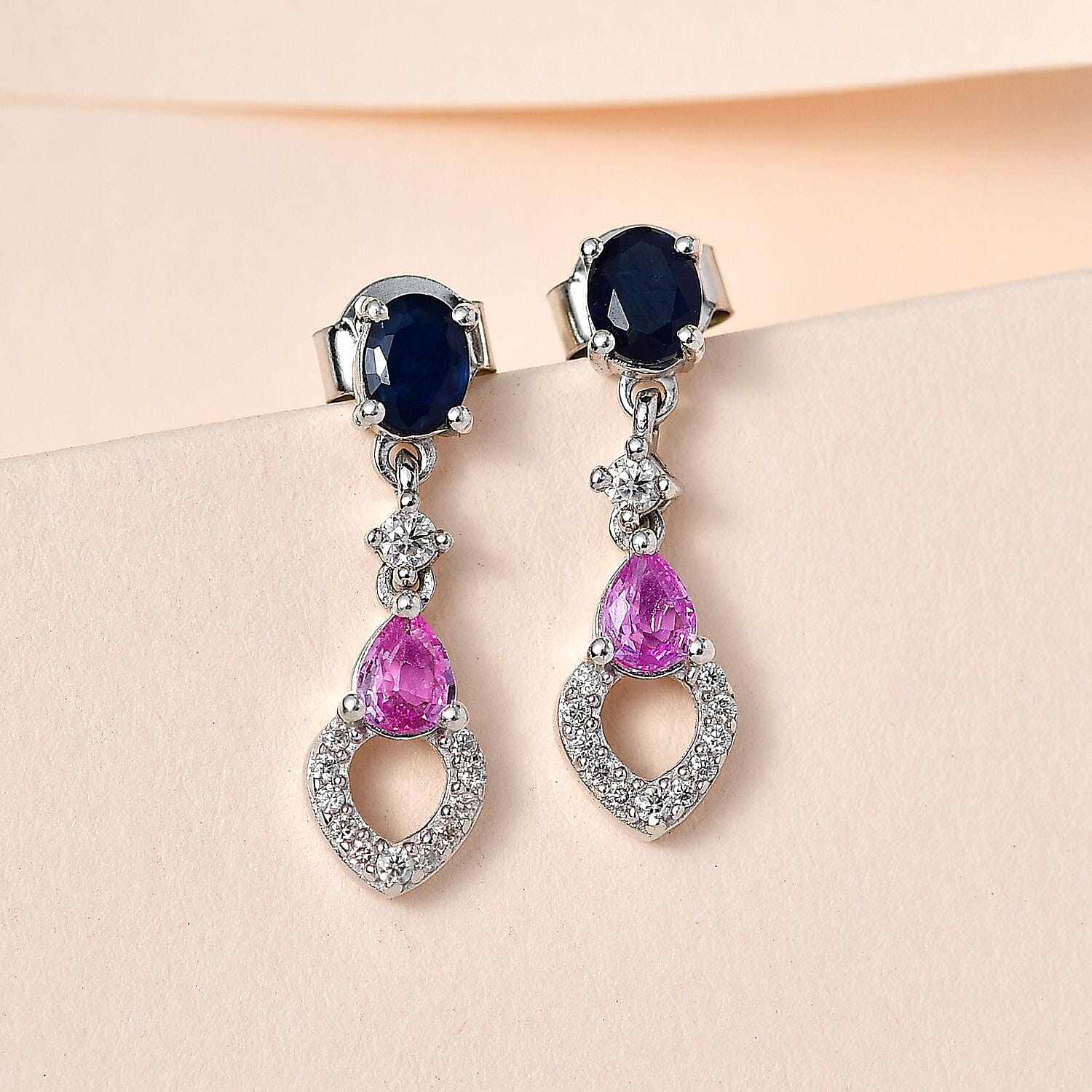 Blue Sapphire, Pink Sapphire & Moissanite Earrings in Platinum Overlay Sterling Silver 1.59 Ct