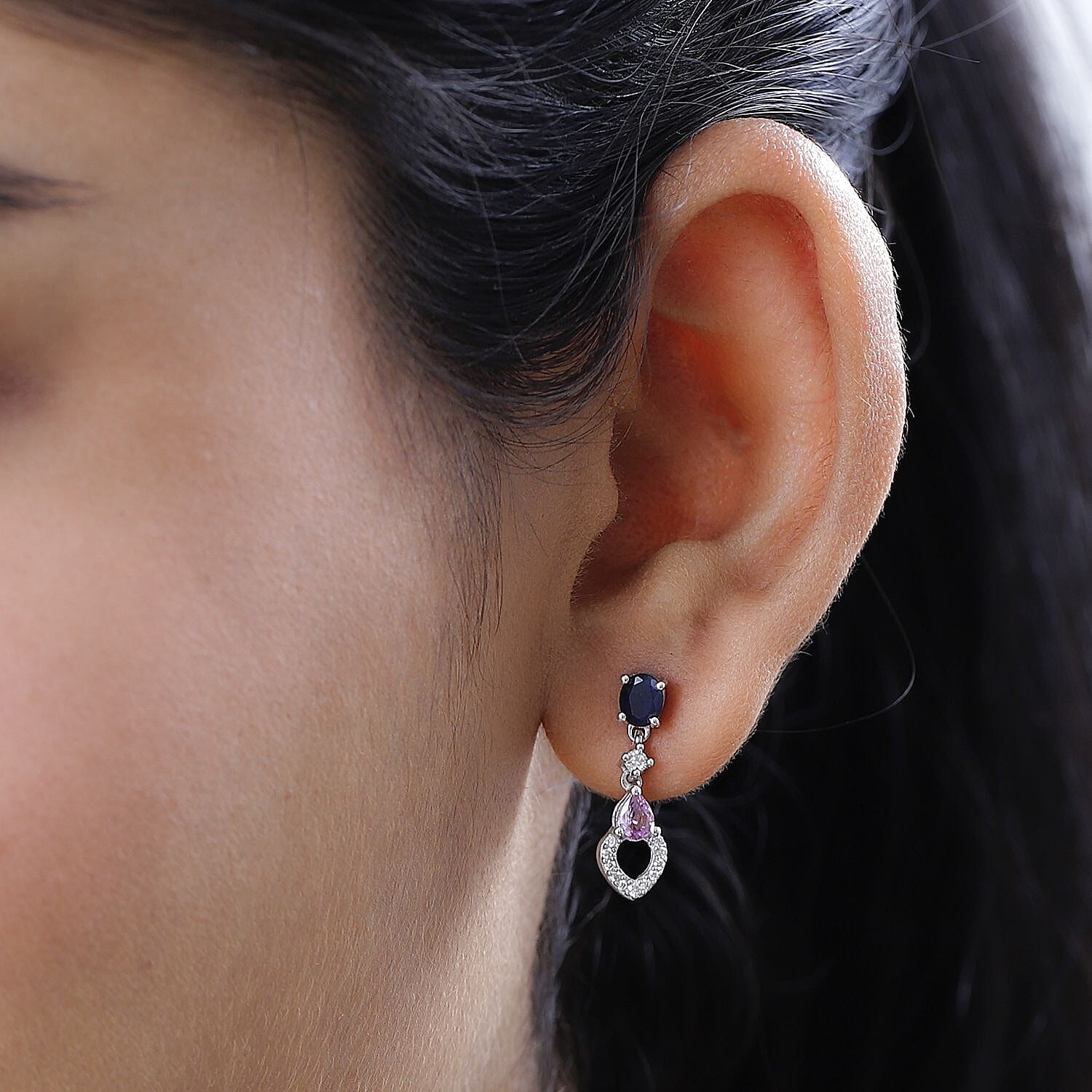 Blue Sapphire, Pink Sapphire & Moissanite Earrings in Platinum Overlay Sterling Silver 1.59 Ct