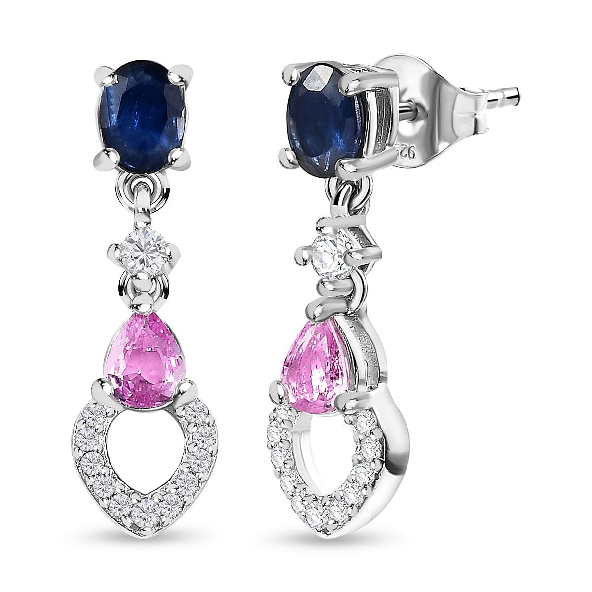 Blue Sapphire, Pink Sapphire & Moissanite Earrings in Platinum Overlay Sterling Silver 1.59 Ct