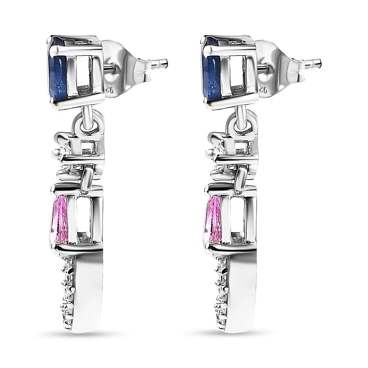 Blue Sapphire, Pink Sapphire & Moissanite Earrings in Platinum Overlay Sterling Silver 1.59 Ct
