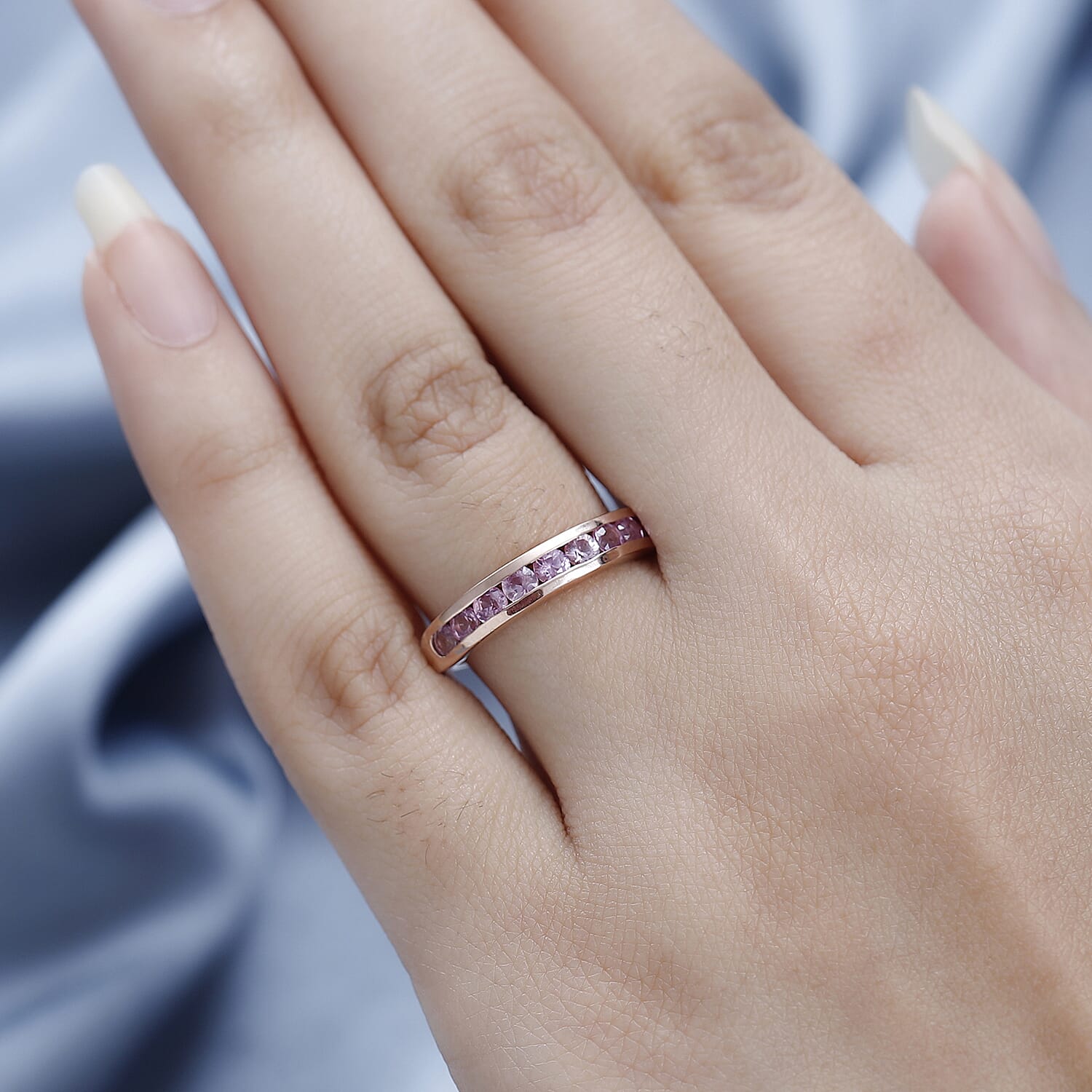 Pink Sapphire Band Ring in 18K Rose Gold Vermeil Plated Sterling Silver 1.04 Ct.