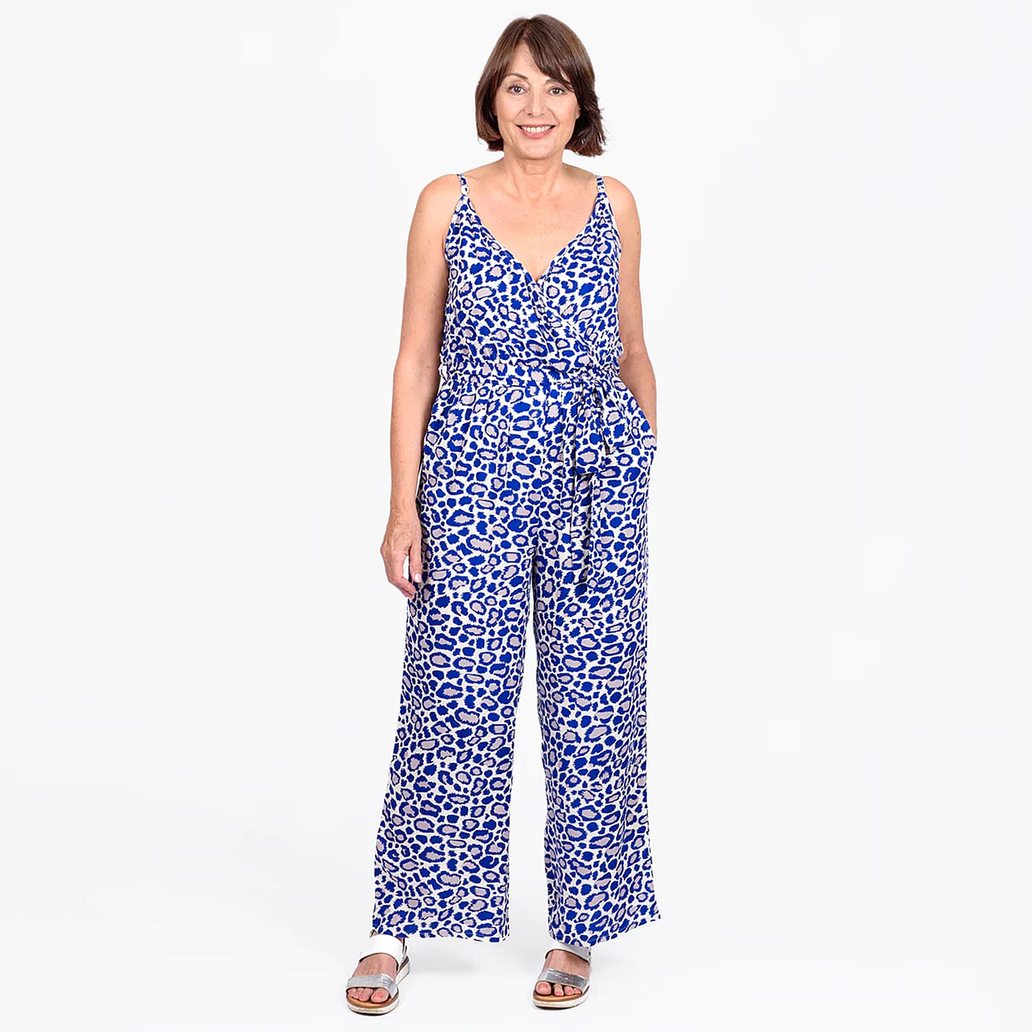 Tamsy 100% Viscose Wooven Printed Jumpsuit (Size S) - Off White & Blue