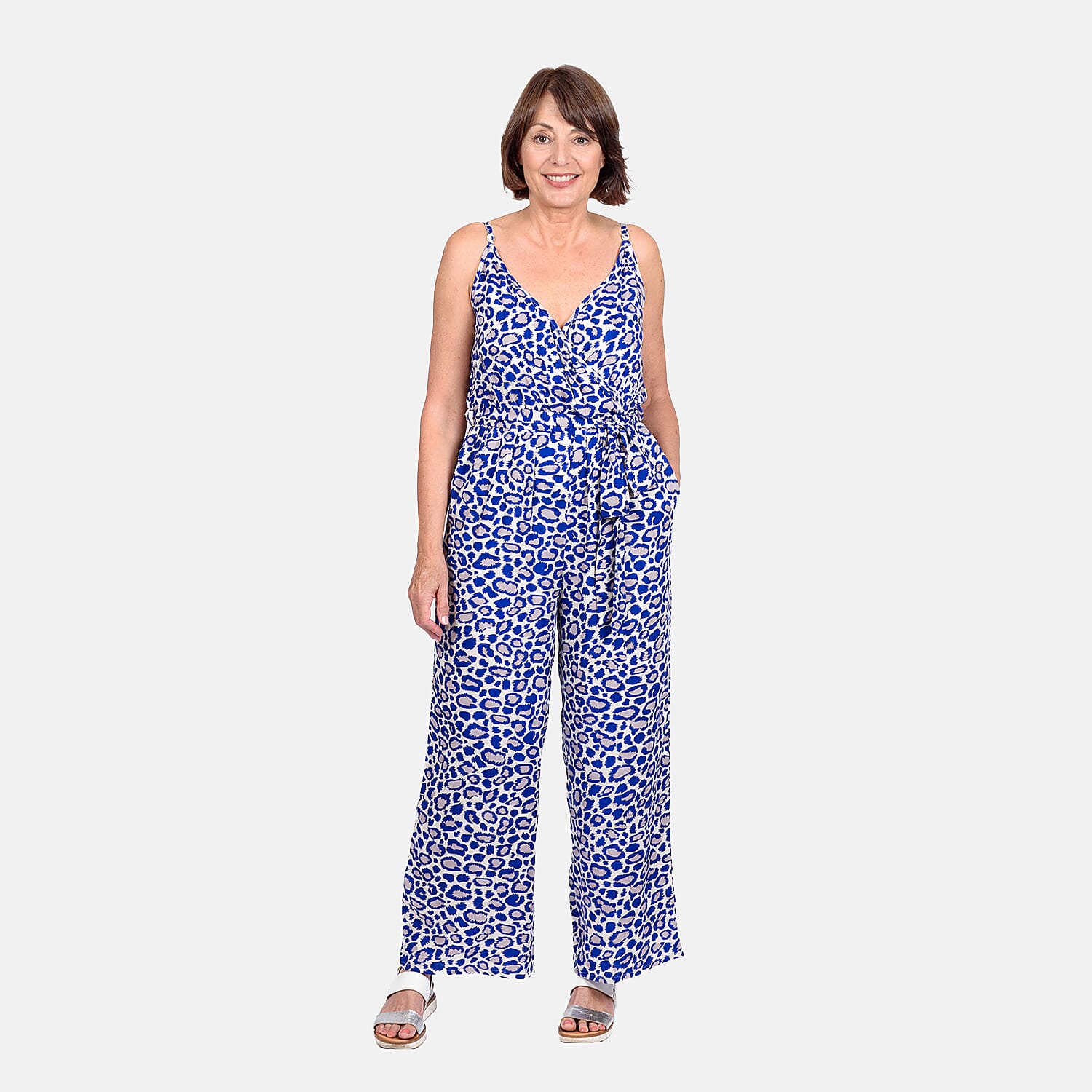 Tamsy 100% Viscose Wooven Printed Jumpsuit (Size S) - Off White & Blue