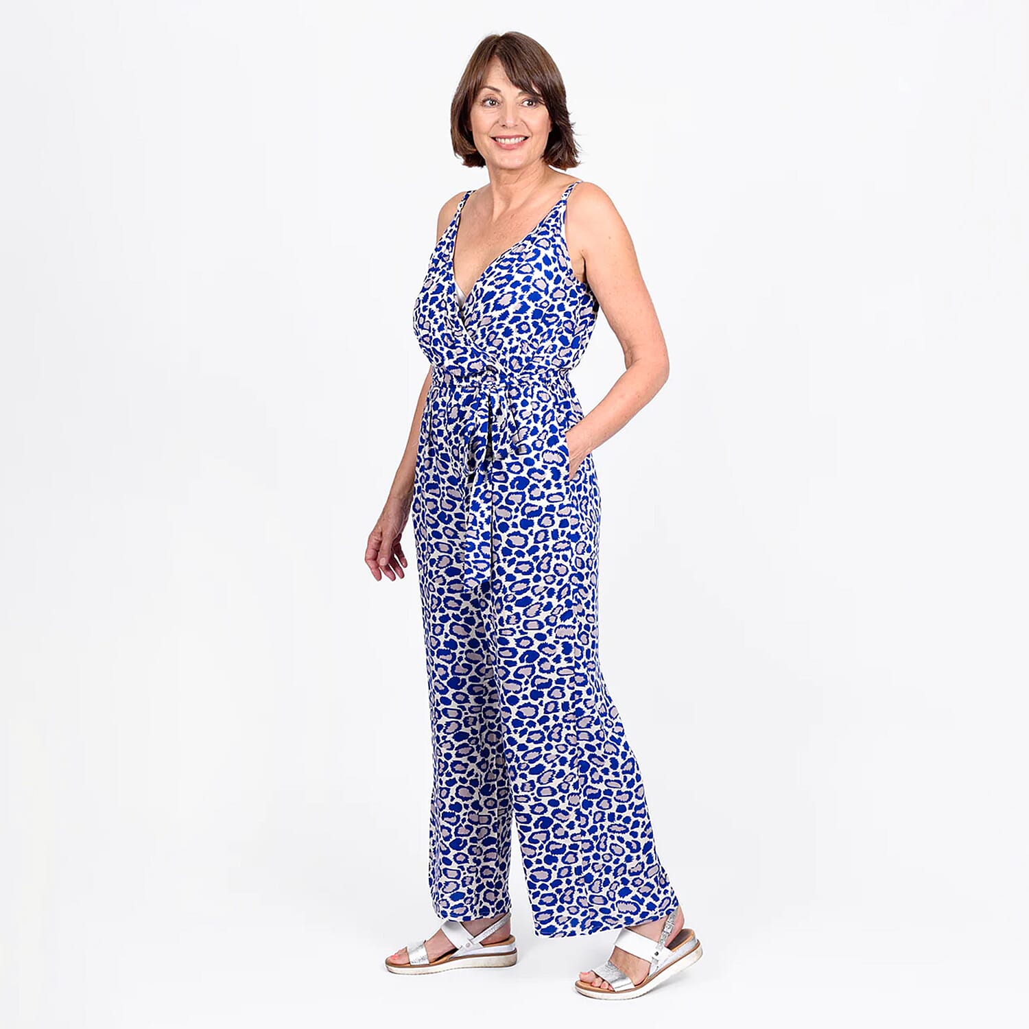 Tamsy 100% Viscose Wooven Printed Jumpsuit (Size S) - Off White & Blue