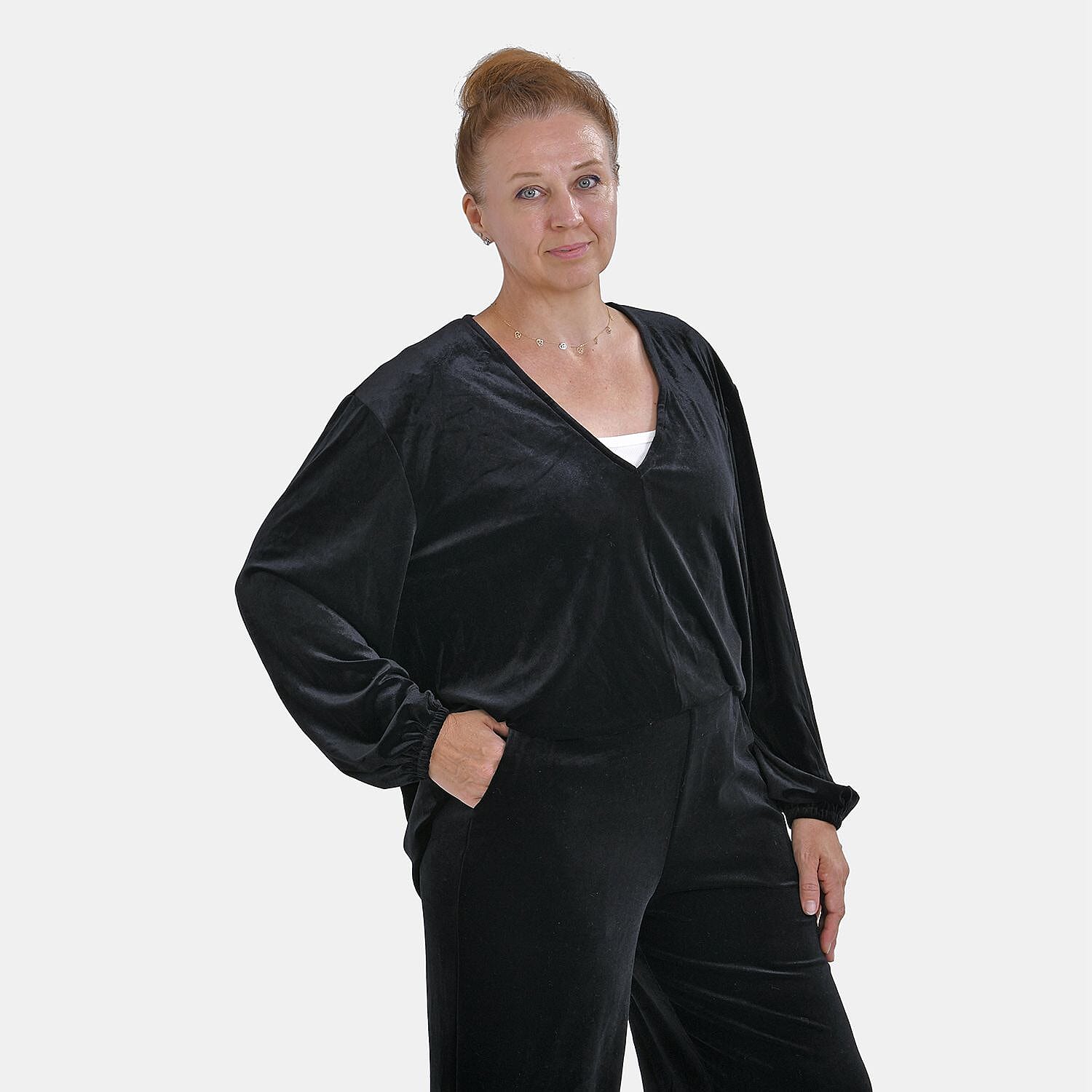 Luxury Velvet V-Neck Blouse (One Size) - Black