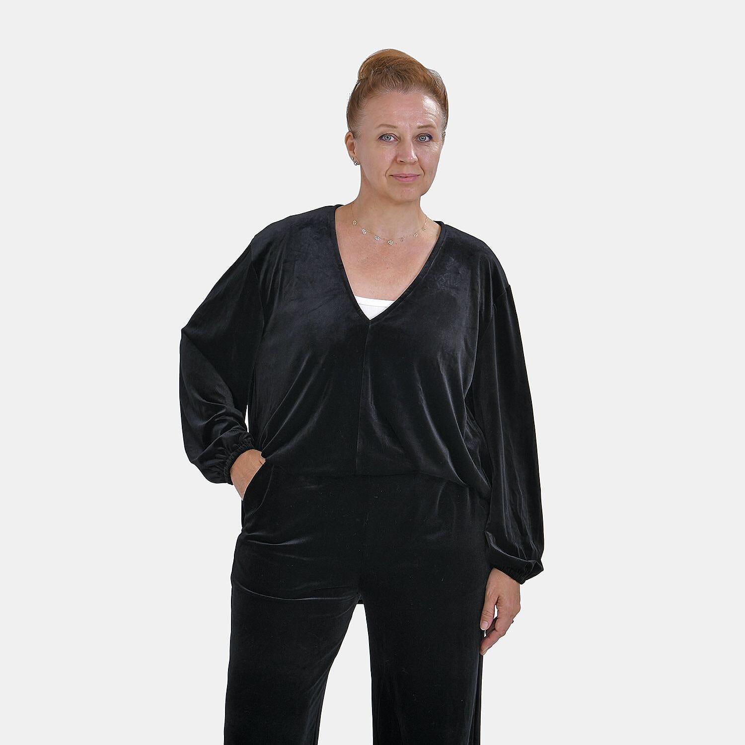 Luxury Velvet V-Neck Blouse (One Size) - Black