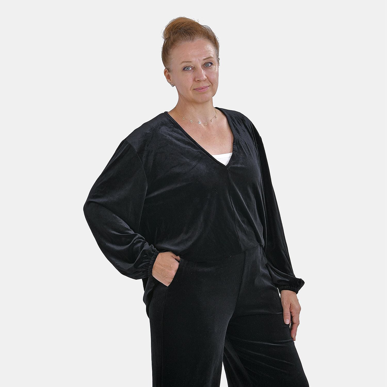 Luxury Velvet V-Neck Blouse (One Size Curve) - Black