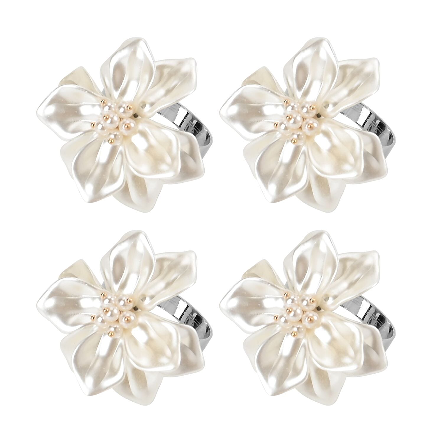 Set of 4 Napkin Rings in Box with Pearl Floral Design