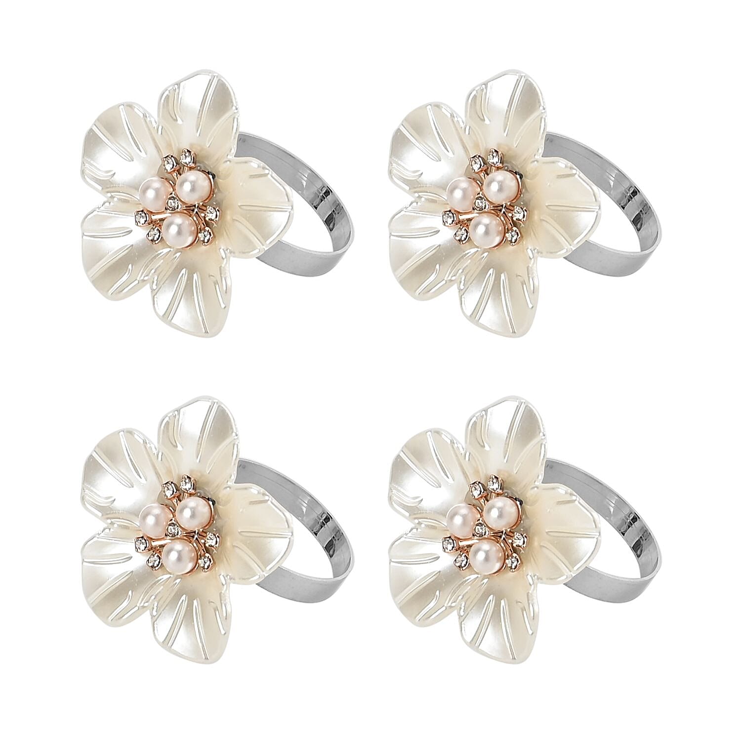 Set of 4 Napkin Rings in Box with White Plum Stick Floral Design