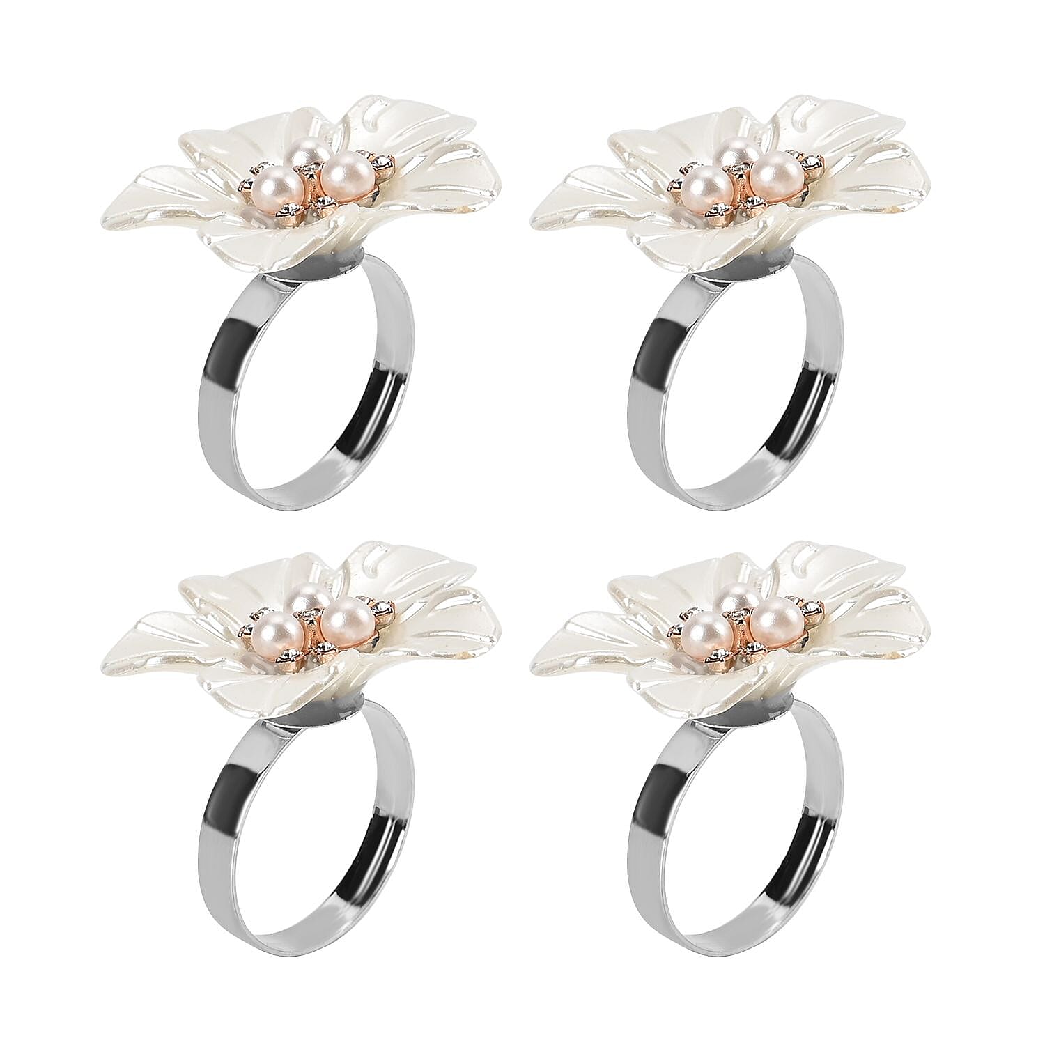 Set of 4 Napkin Rings in Box with White Plum Stick Floral Design