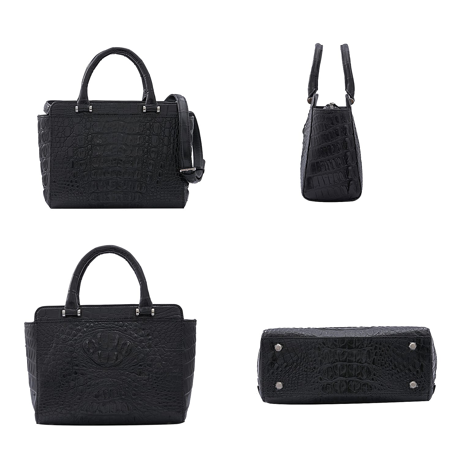 RIVER Genuine Crocodile Leather Bag with Zipper Closure - Black