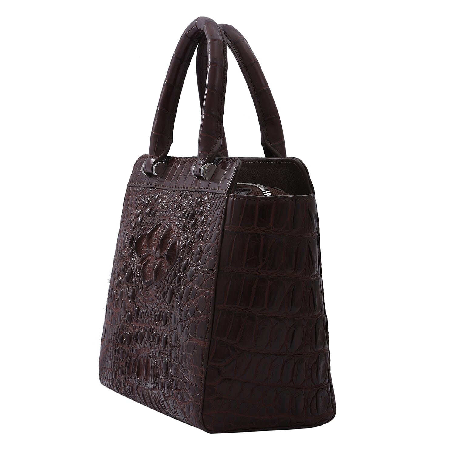 RIVER 100% Genuine Crocodile Leather Bag with Zipper Closure (25x21x11Cm) - Brown