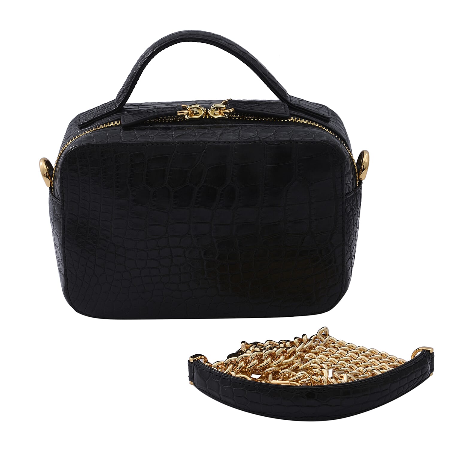 RIVER Genuine Crocodile Leather Bag with Shoulder Chain Strap - Black