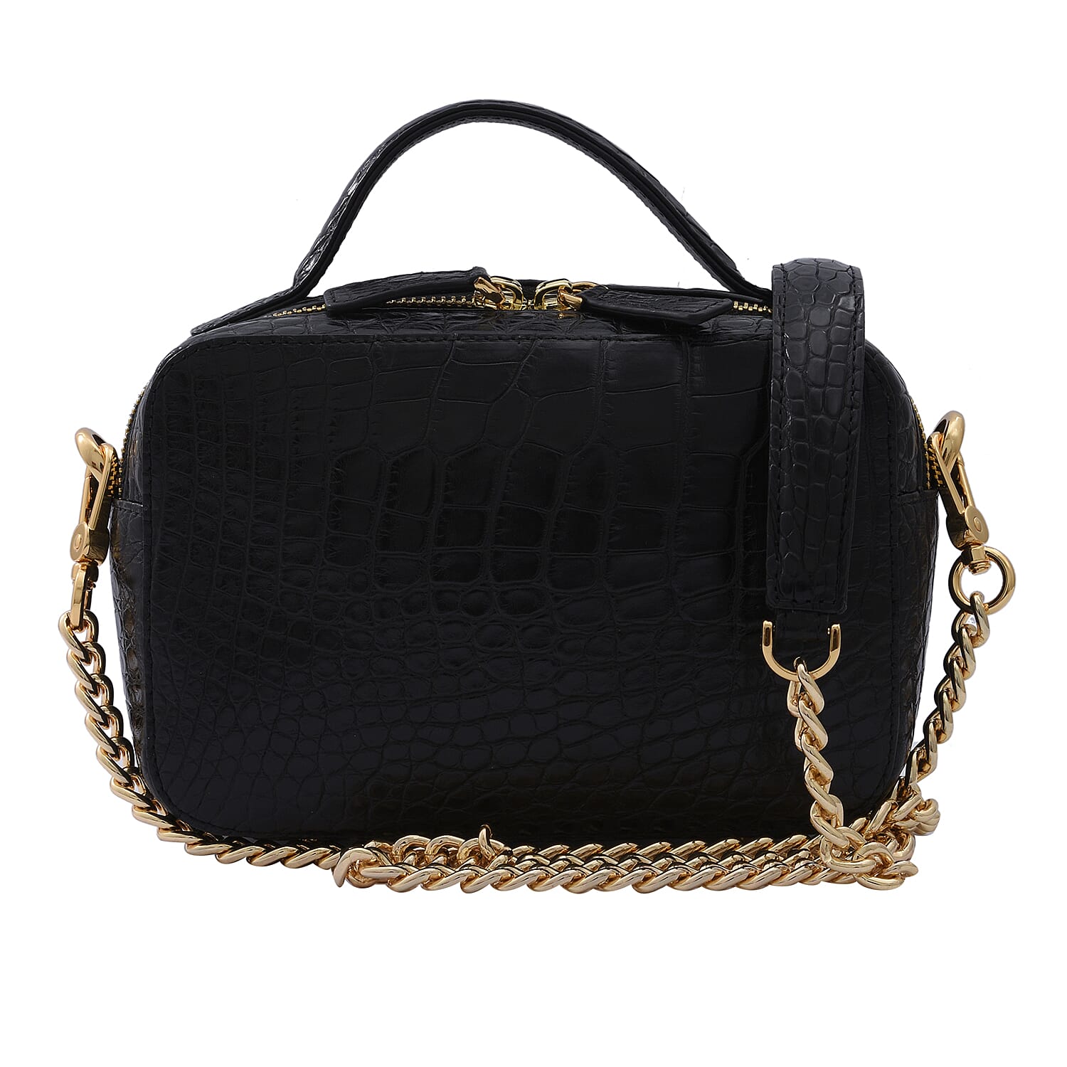 RIVER Genuine Crocodile Leather Bag with Shoulder Chain Strap - Black