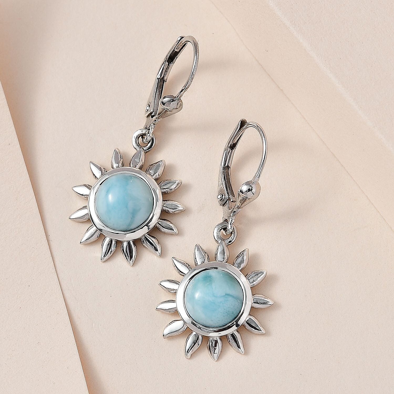 The Caribbean Sun Collection- Larimar Solitaire Lever Back Earrings in Platinum Overlay Sterling Silver 3.96 Ct.
