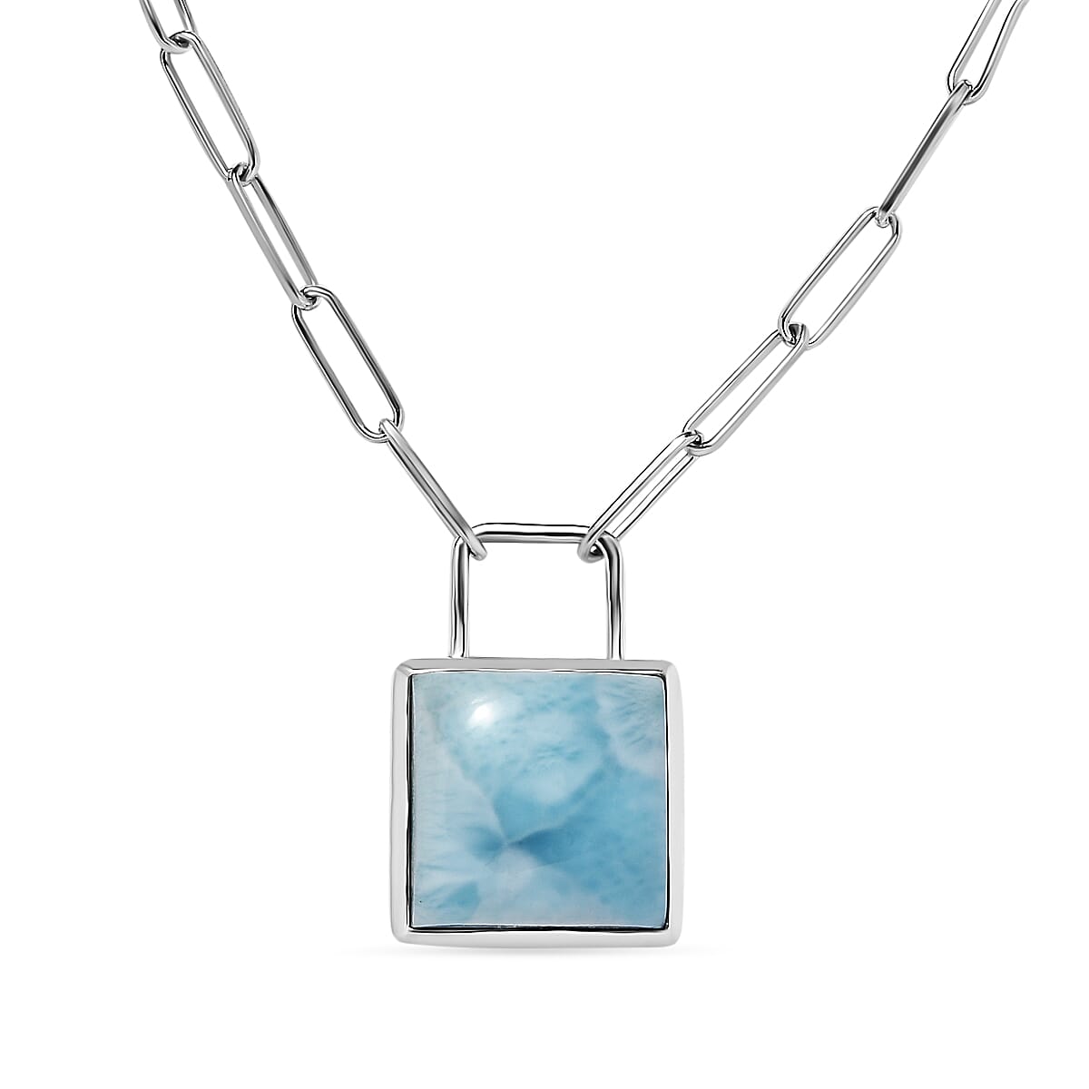 Larimar Solitaire Lock Necklace (Size - 20) in Platinum Overlay Sterling Silver 15.60 Ct, Silver Wt 9.50 Gms