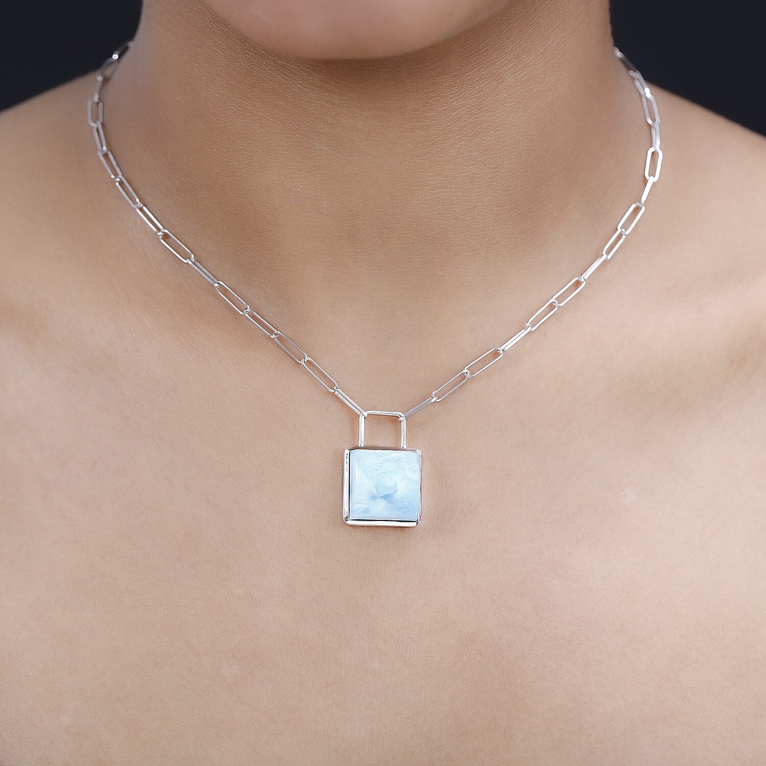 Larimar Solitaire Lock Necklace (Size - 20) in Platinum Overlay Sterling Silver 15.60 Ct, Silver Wt 9.50 Gms