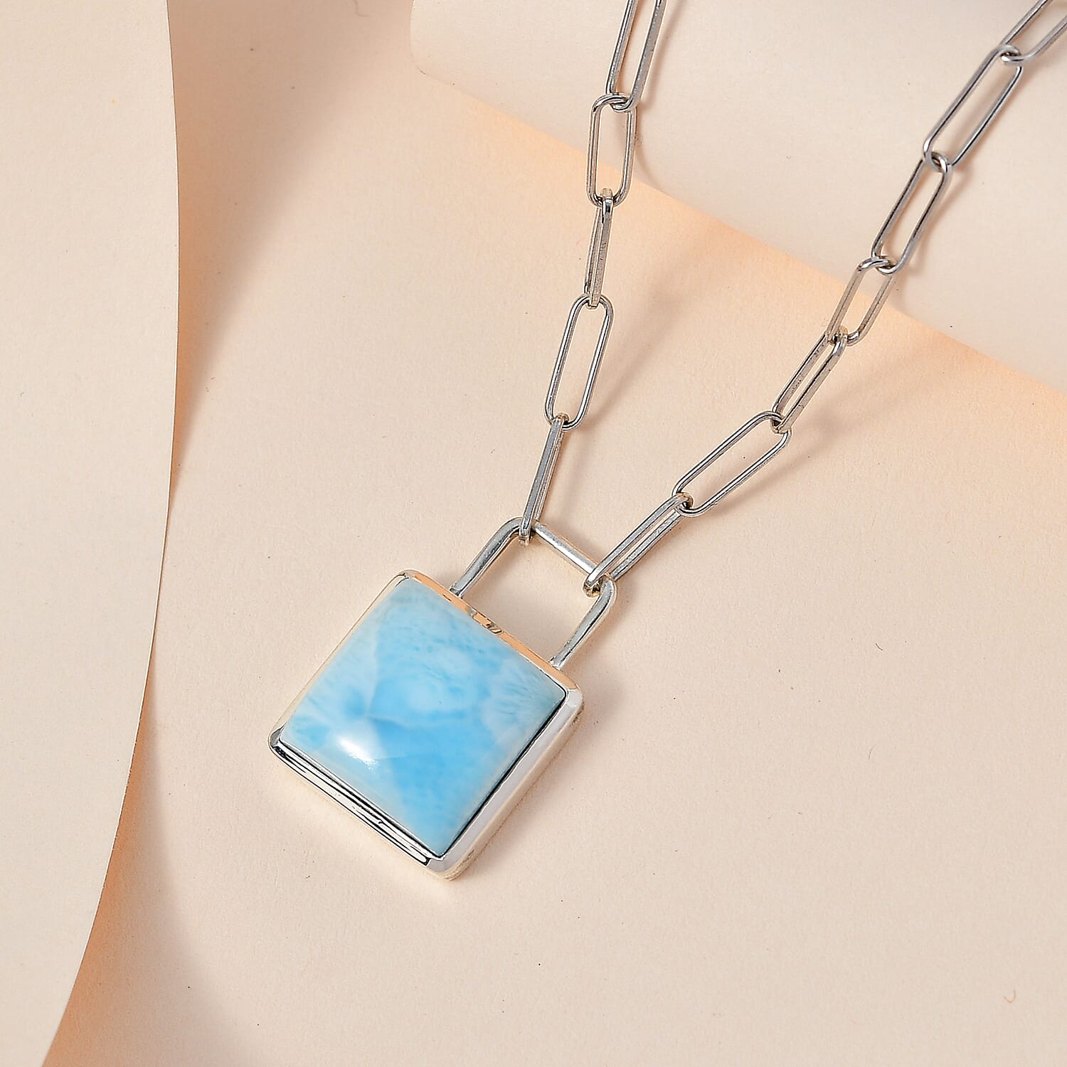 Larimar Solitaire Lock Necklace (Size - 20) in Platinum Overlay Sterling Silver 15.60 Ct, Silver Wt 9.50 Gms