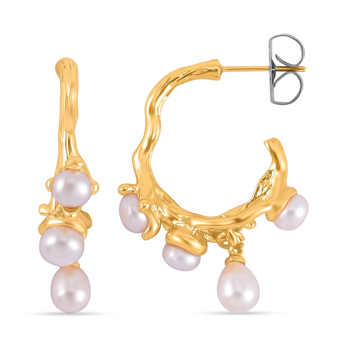 White Fresh Water Pearl Hoop Earrings in Yellow Gold Tone
