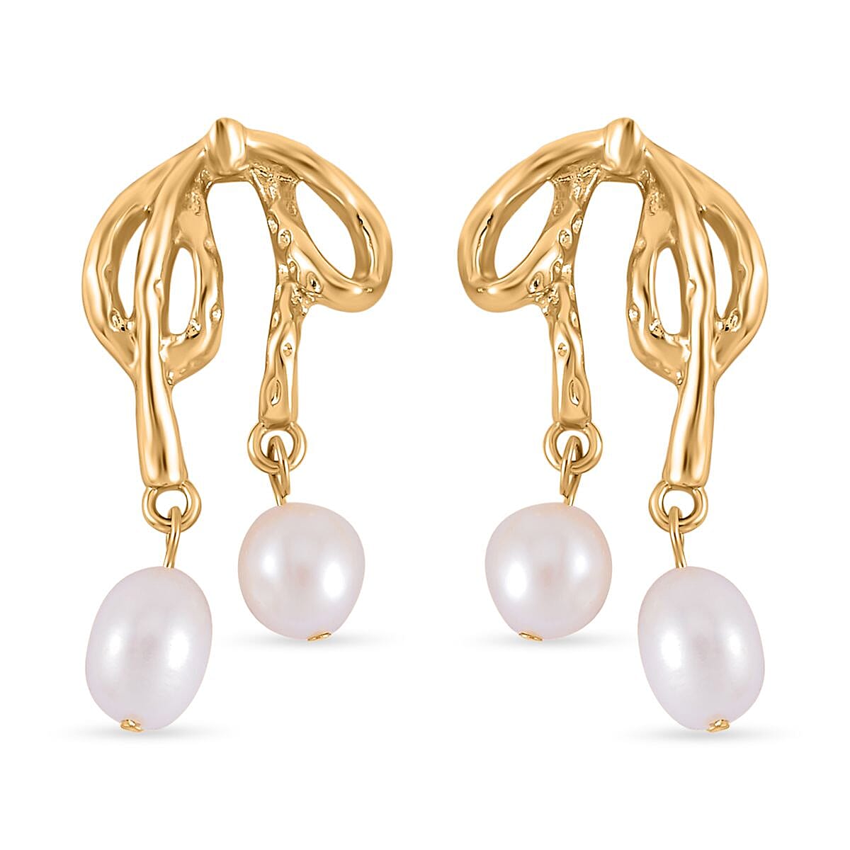 Fresh Water Pearl Ribbon Tie Earrings in Yellow Gold Tone