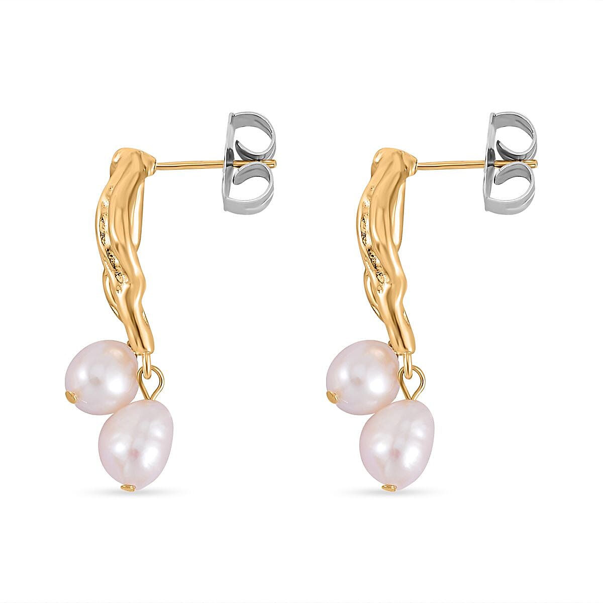 Fresh Water Pearl Ribbon Tie Earrings in Yellow Gold Tone
